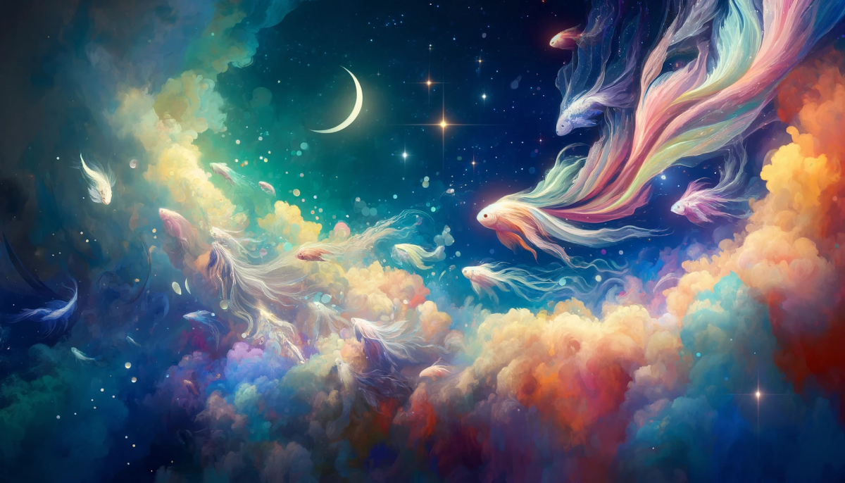Illustrazione di pesci nel cielo e della luna