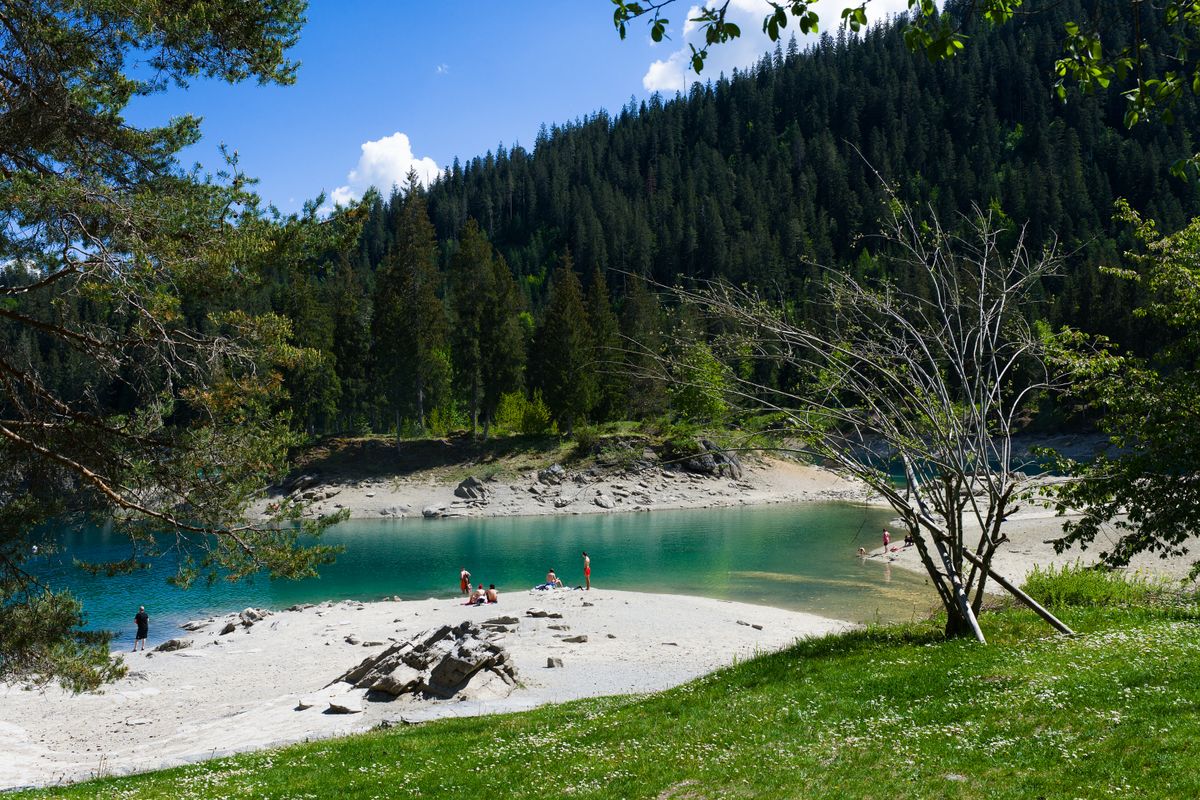 Ozio estivo al lago Cauma, con acque turchesi e alberi circostanti.